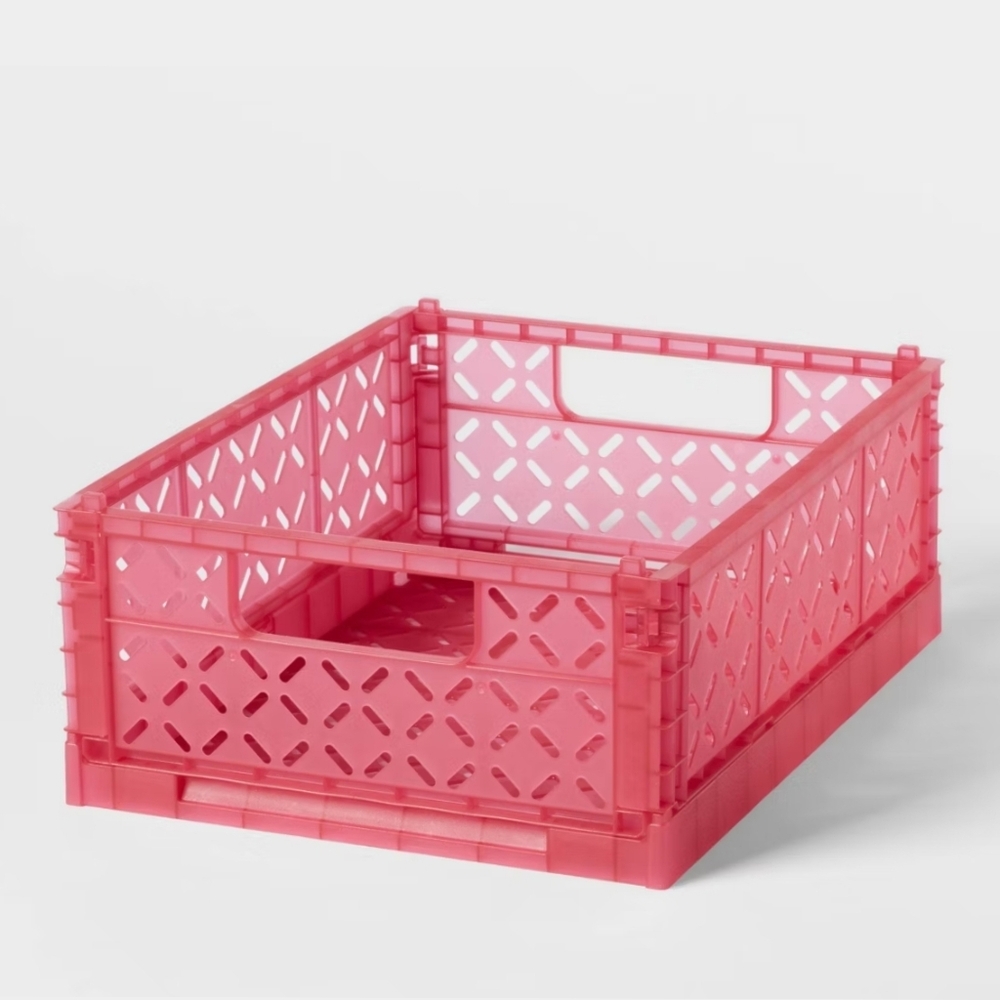 2!! Brightroom NWT Medium Rectangular Plastic Foldable Crate In Pink 5x13x10"